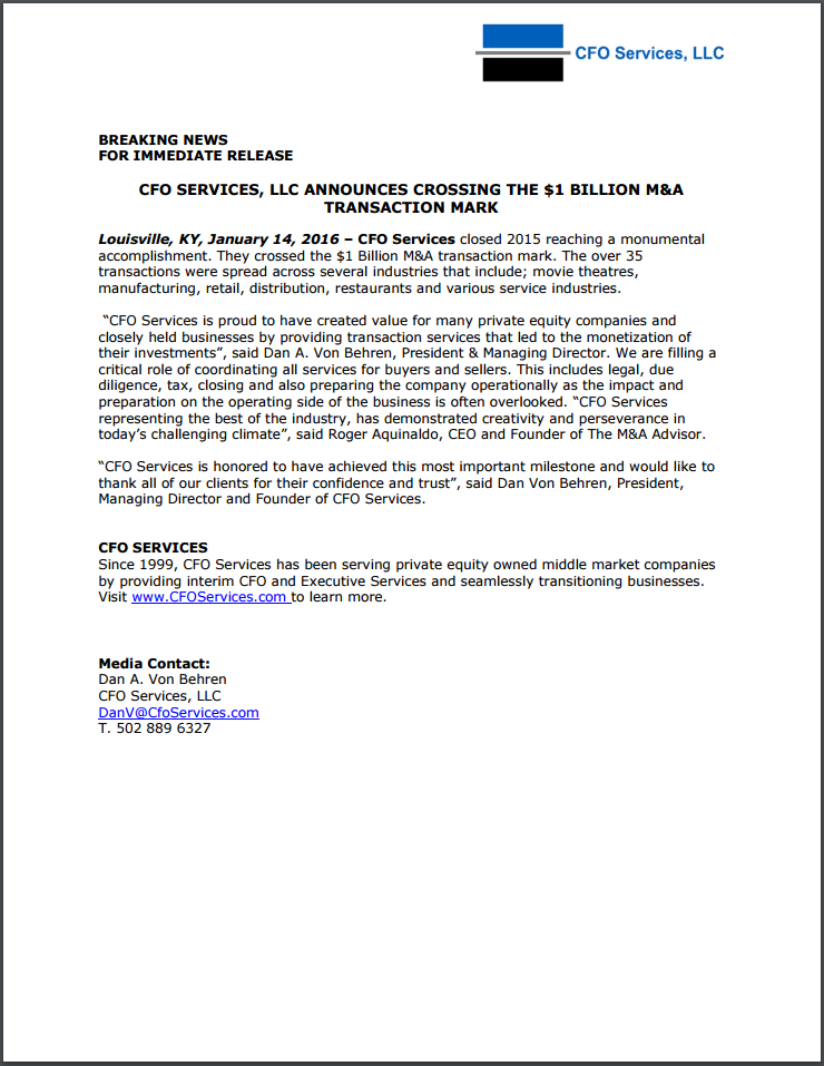 CFO Services Louisville - Crosses $1 Billion Transaction Mark
